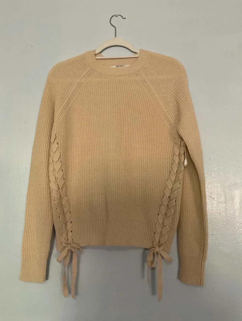 Forever 21 Cream Knit Lace-Up Side Sweater